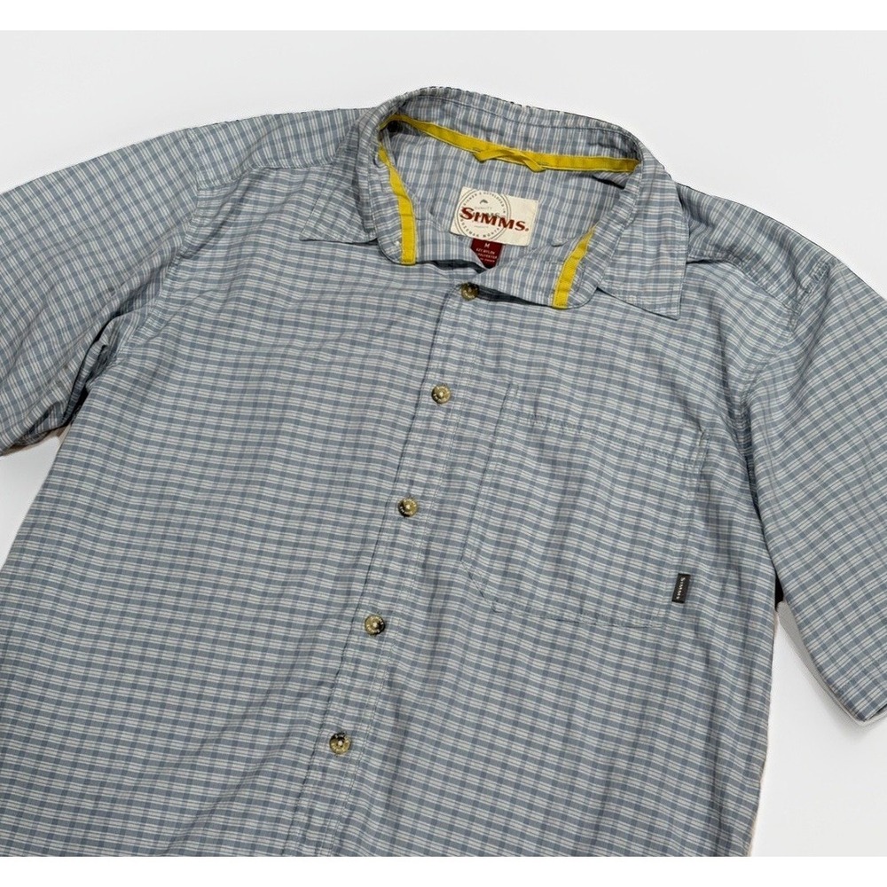 Simms Performance Fishing Button Up Short Sleeve Blue Plaid Men's M Outdoor